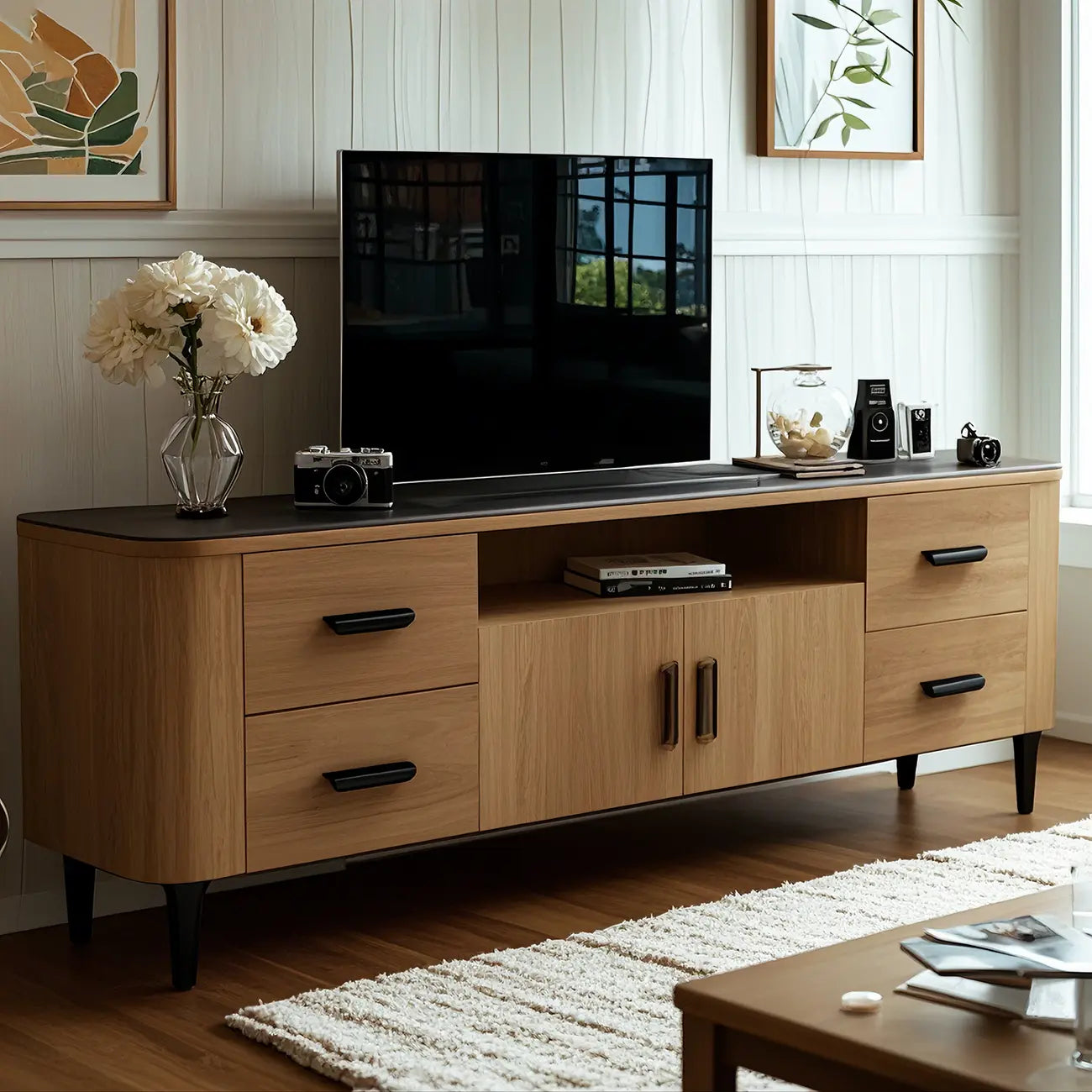 Meuble TV en bois brun avec étagère et pieds en métal