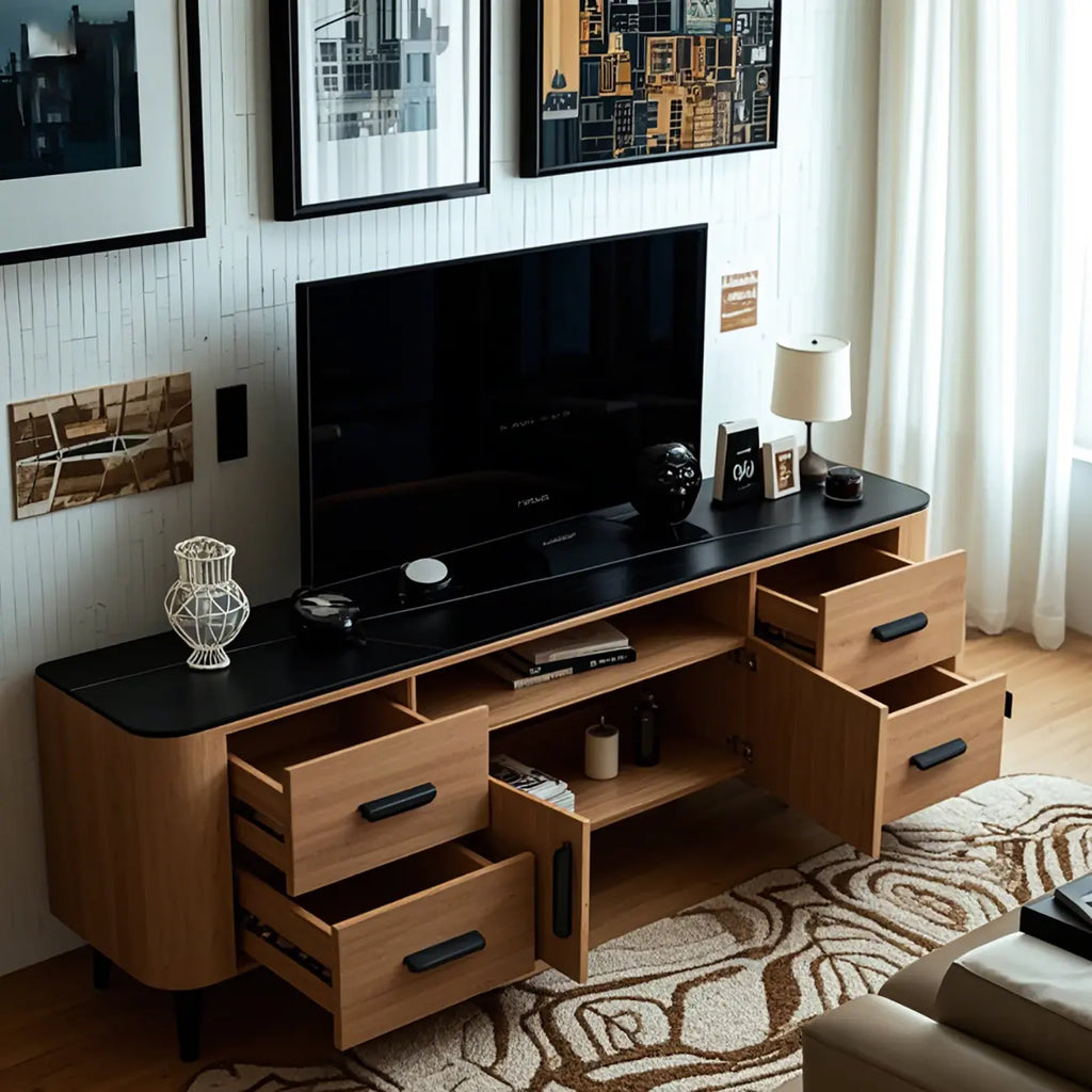 Meuble TV en bois brun avec étagère et pieds en métal