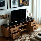 Meuble TV en bois brun avec étagère et pieds en métal