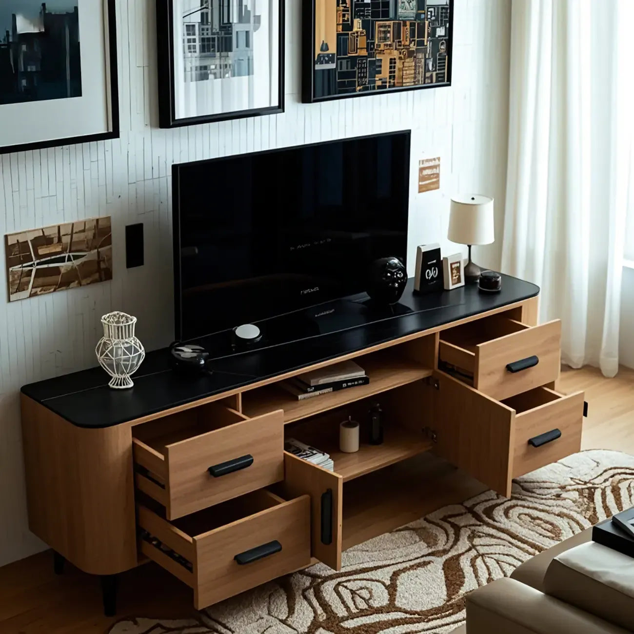 Meuble TV en bois brun avec étagère et pieds en métal