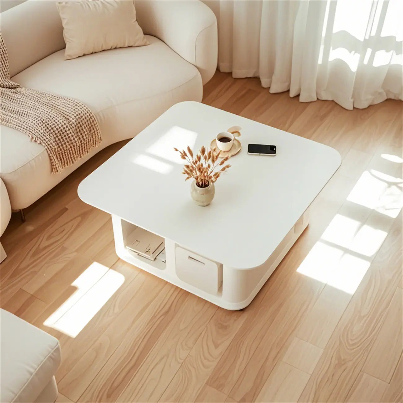 Table basse rectangulaire minimaliste en bois avec rangement