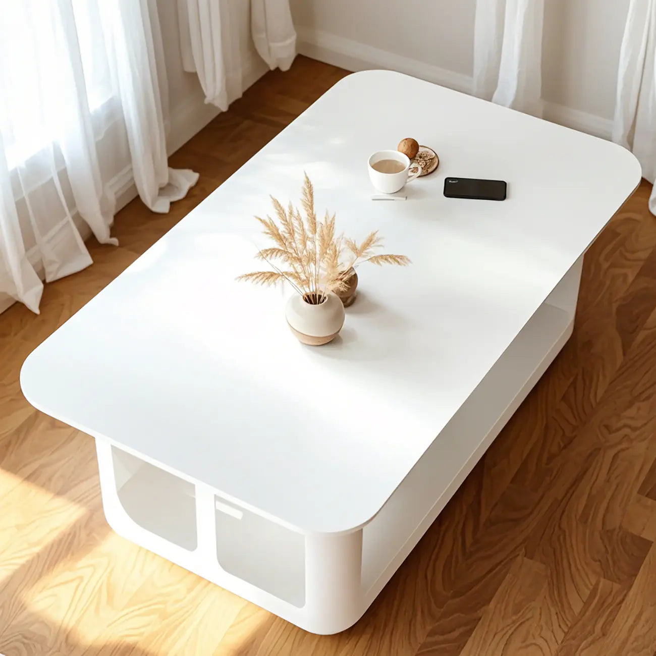Table basse rectangulaire minimaliste en bois avec rangement