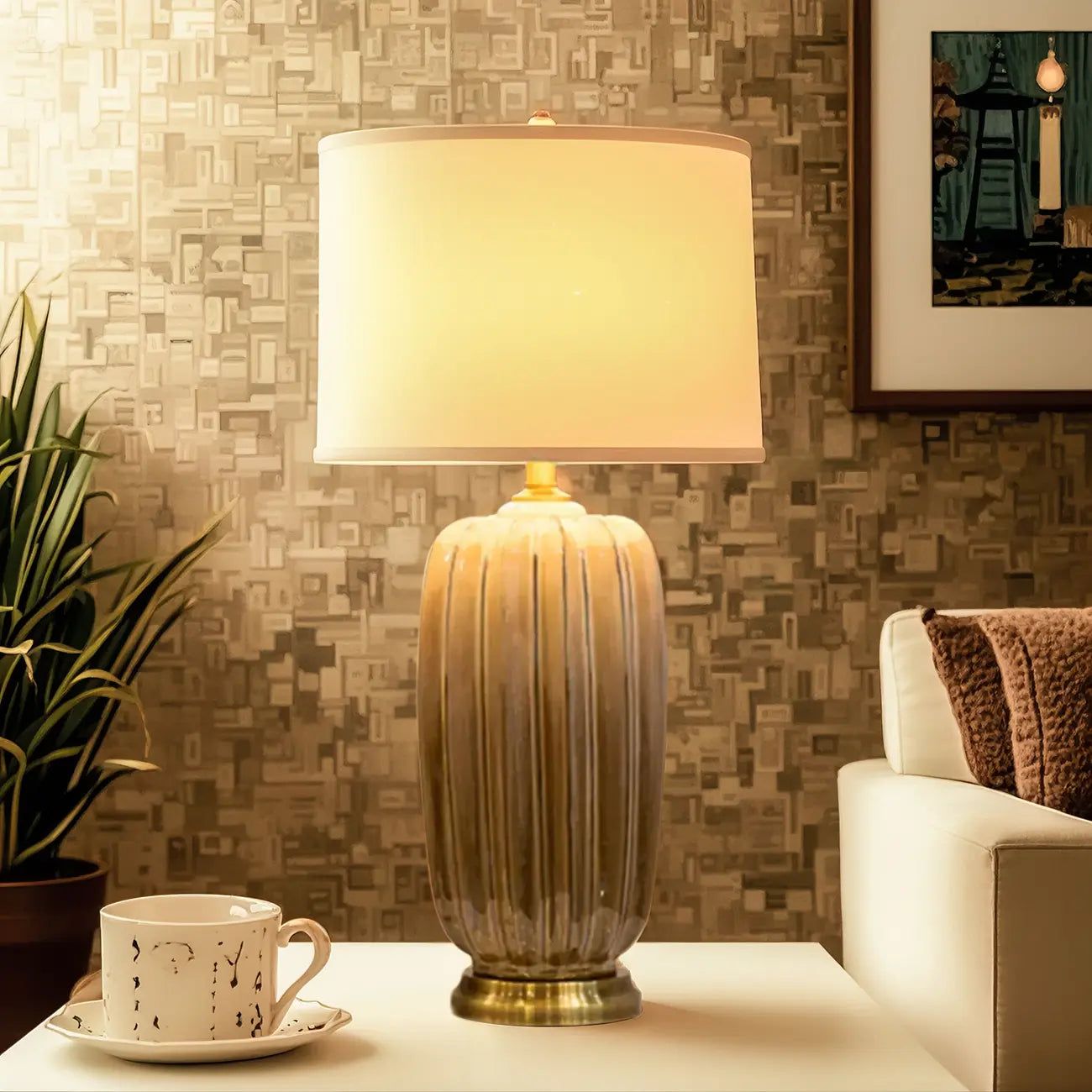 Lampe de table géométrique en céramique brune pour salon