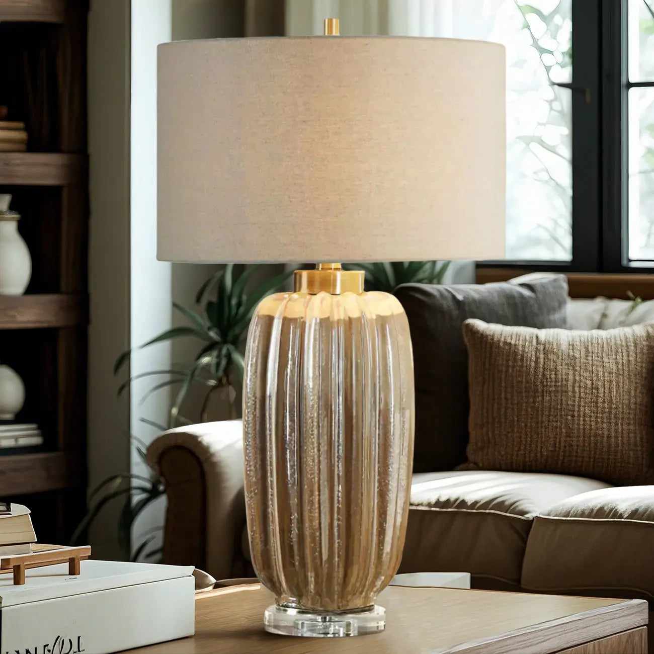 Lampe de table géométrique en céramique brune pour salon