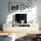 Meuble TV minimaliste en bois blanc avec rangements ouverts et tiroirs