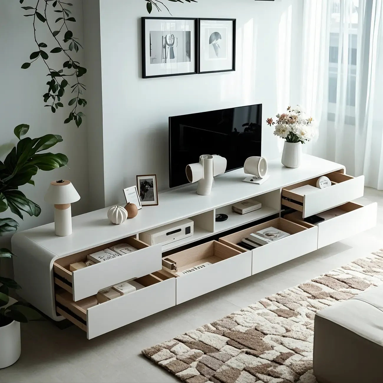 Meuble TV minimaliste en bois blanc avec rangements ouverts et tiroirs
