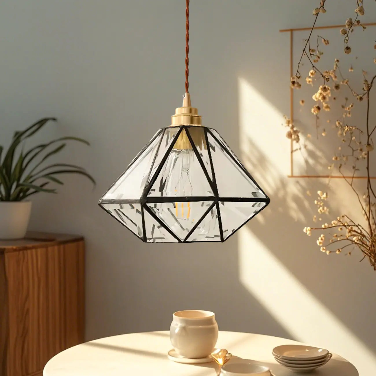 Suspension moderne en verre en forme de diamant pour salon