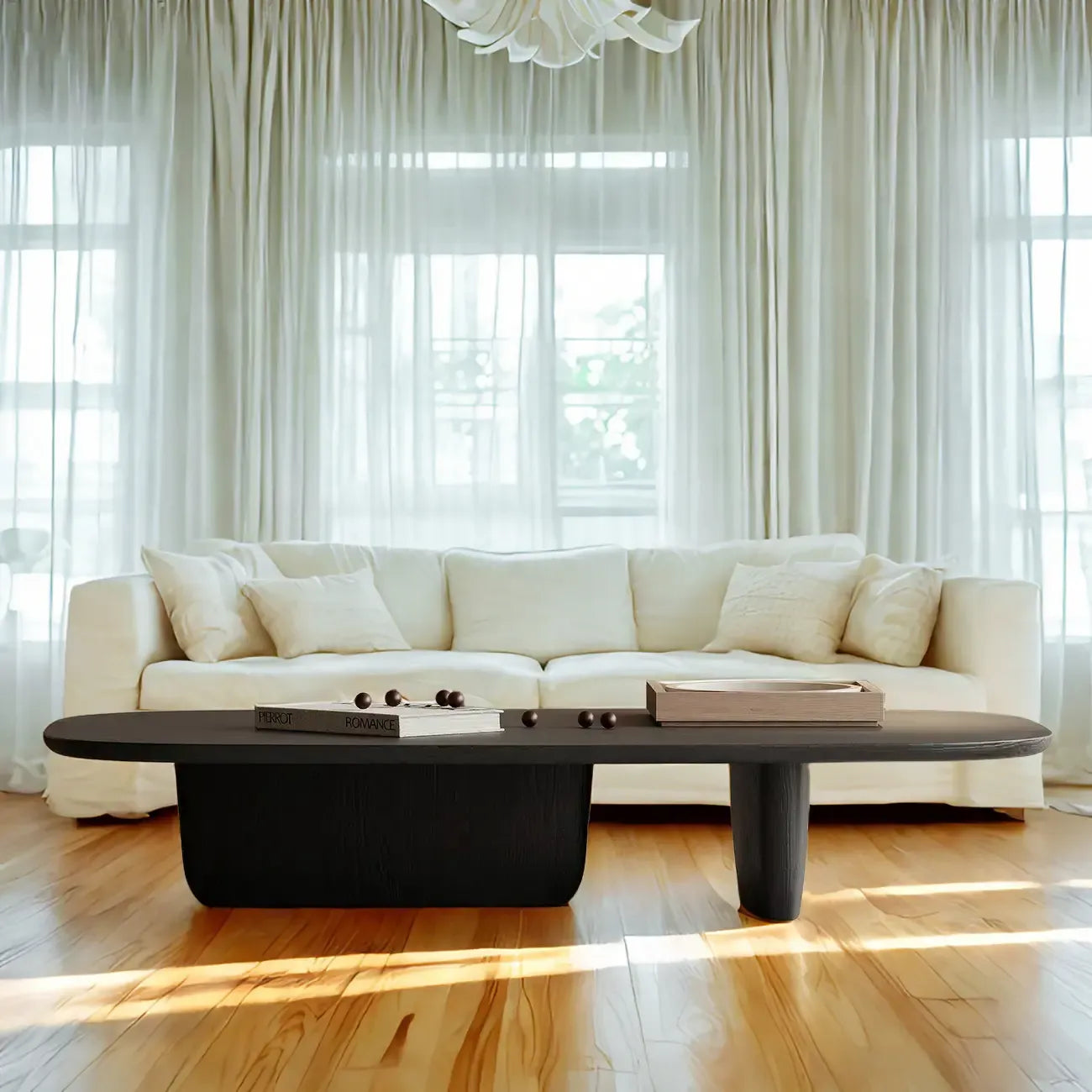 Table basse ovale moderne noire de 14 pouces avec double piétement