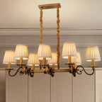 Lampadario a sospensione moderno regolabile color oro con paralume in tessuto