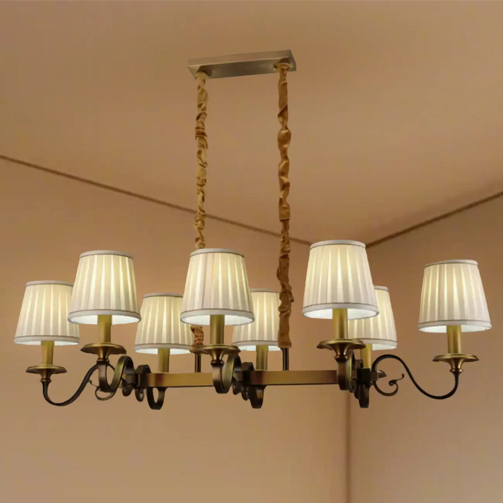Lampadario a sospensione moderno regolabile color oro con paralume in tessuto