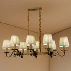 Lampadario a sospensione moderno regolabile color oro con paralume in tessuto