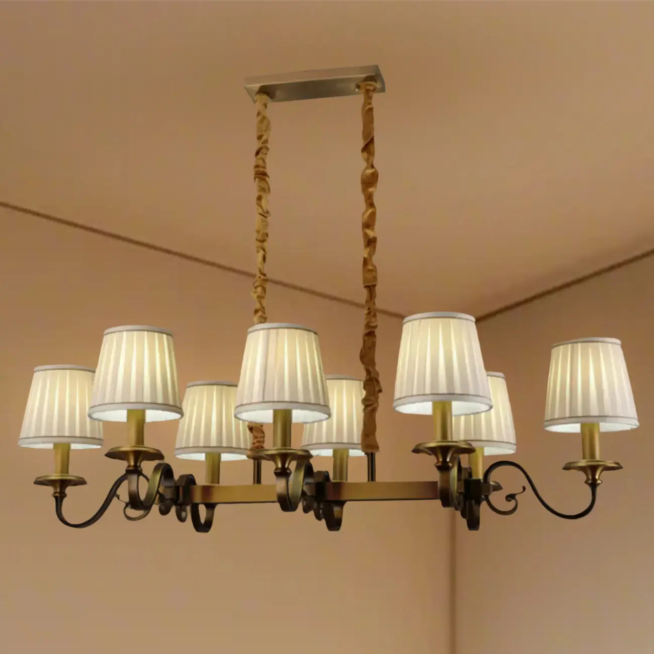 Lampadario a sospensione moderno regolabile color oro con paralume in tessuto