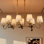 Lampadario a sospensione moderno regolabile color oro con paralume in tessuto