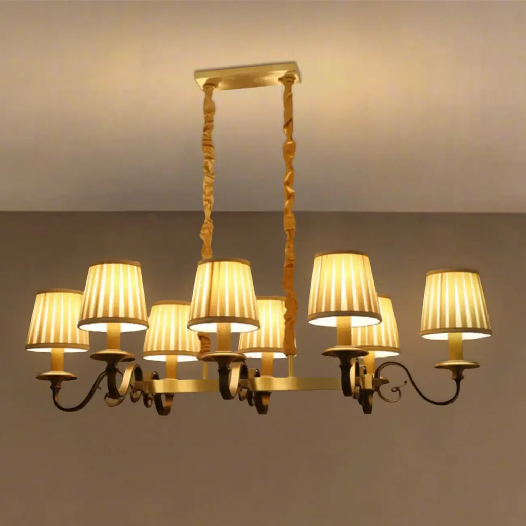 Lampadario a sospensione moderno regolabile color oro con paralume in tessuto
