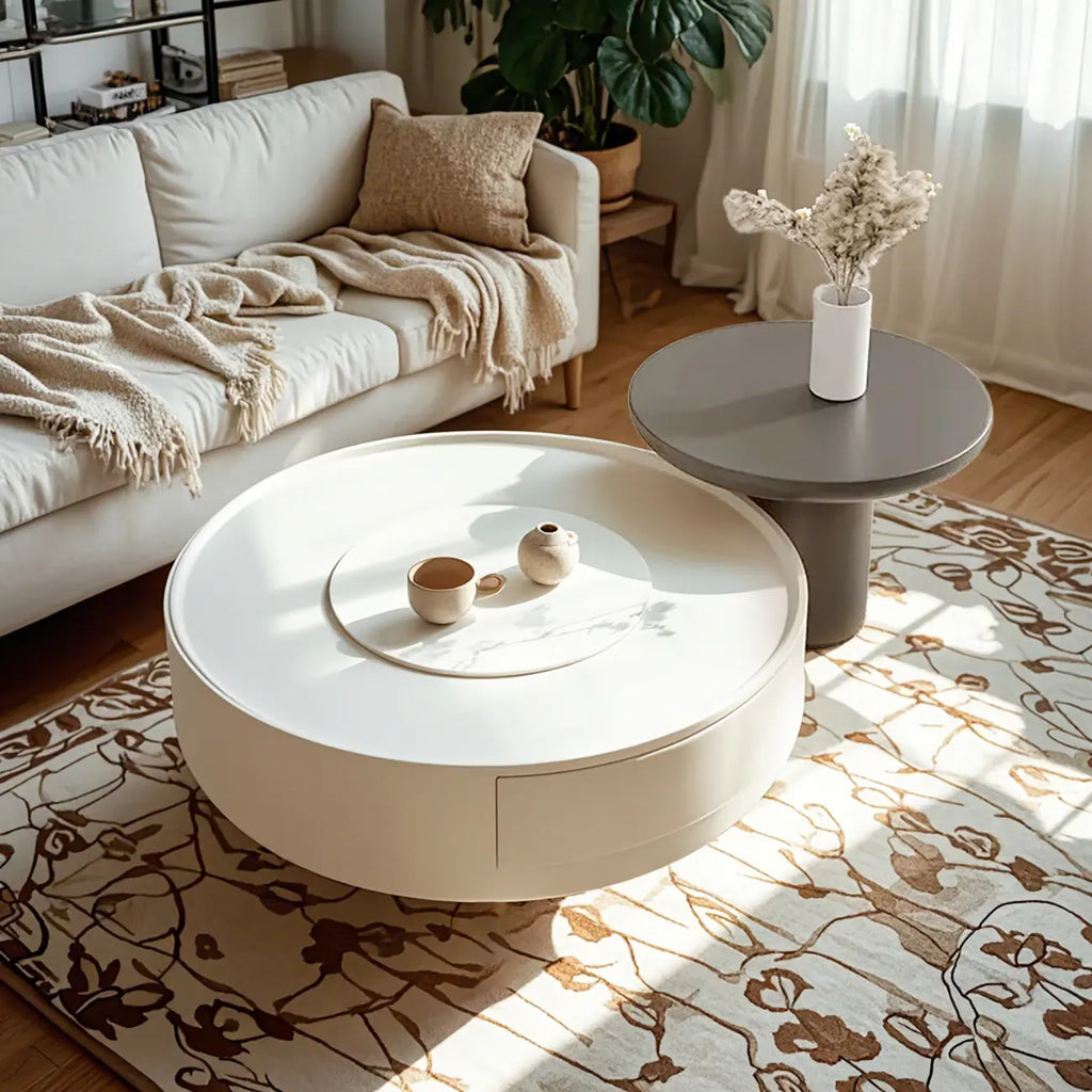 Table basse ronde moderne en pierre blanche avec rangement
