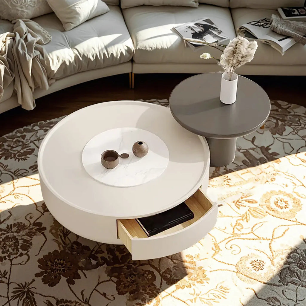 Table basse ronde moderne en pierre blanche avec rangement