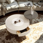 Table basse ronde moderne en pierre blanche avec rangement