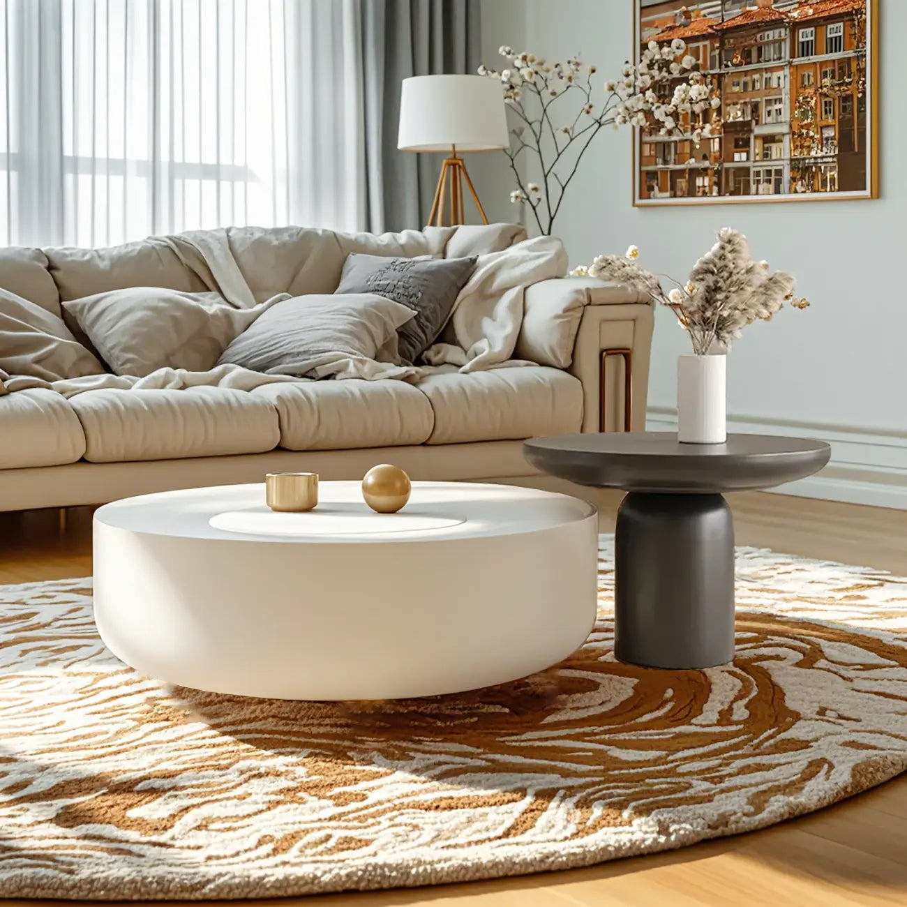 Table basse ronde moderne en pierre blanche avec rangement