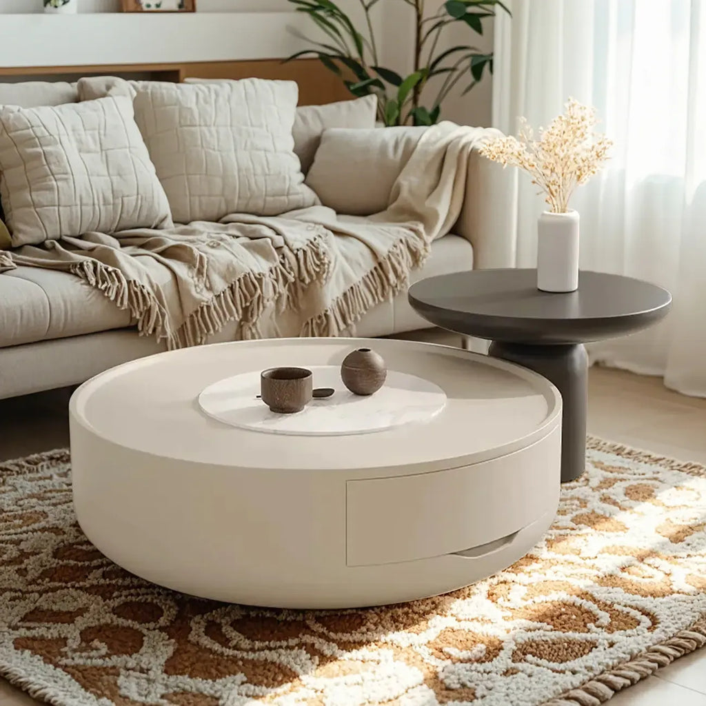Table basse ronde moderne en pierre blanche avec rangement
