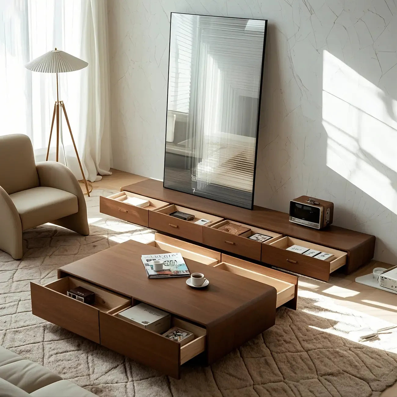 Meuble TV moderne en bois marron de 63 pouces avec système de gestion des câbles