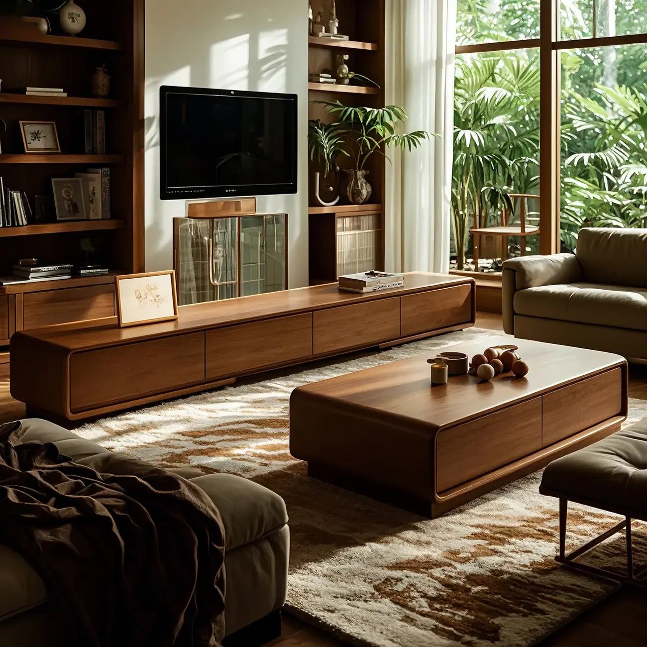 Meuble TV moderne en bois marron de 63 pouces avec système de gestion des câbles
