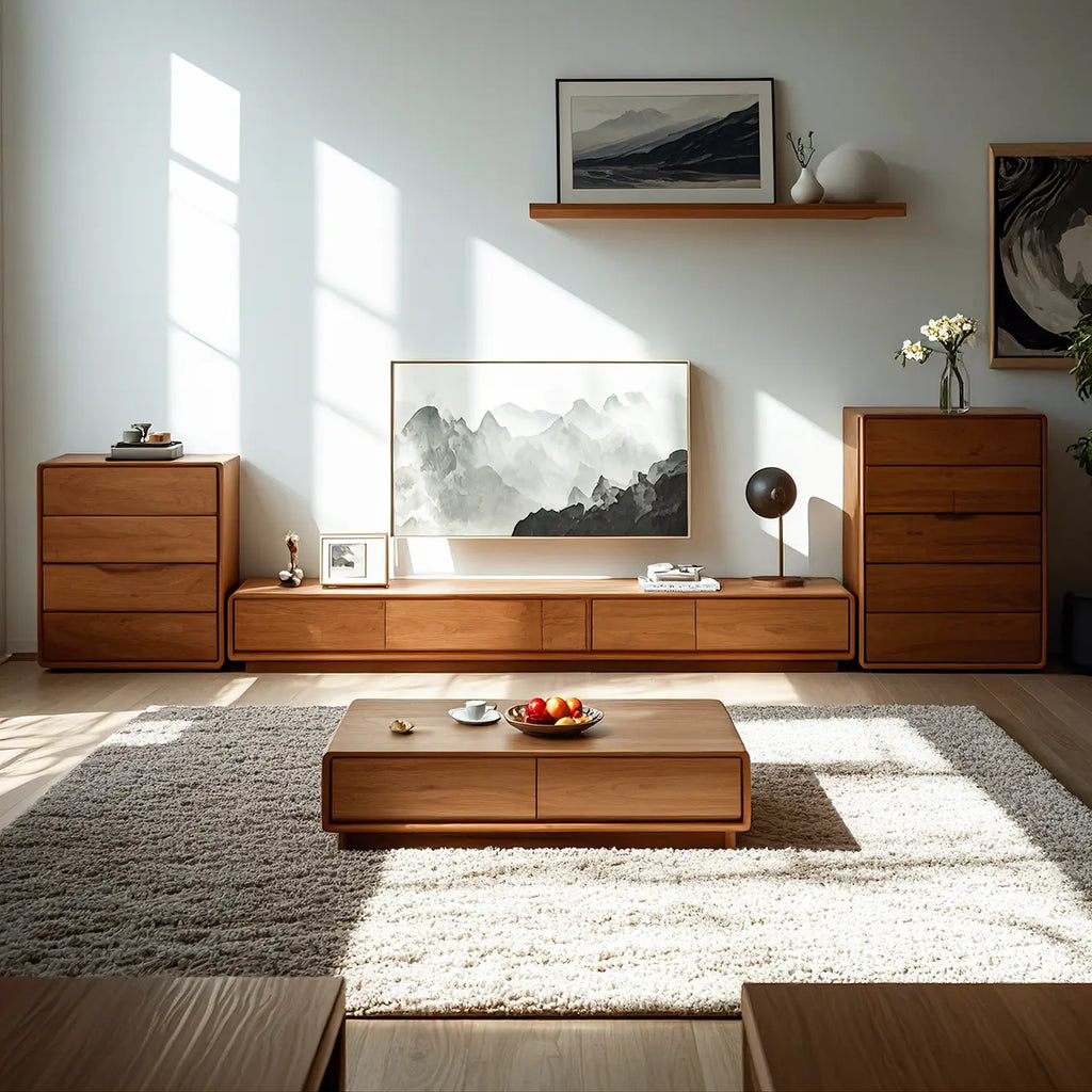 Meuble TV moderne en bois marron de 63 pouces avec système de gestion des câbles