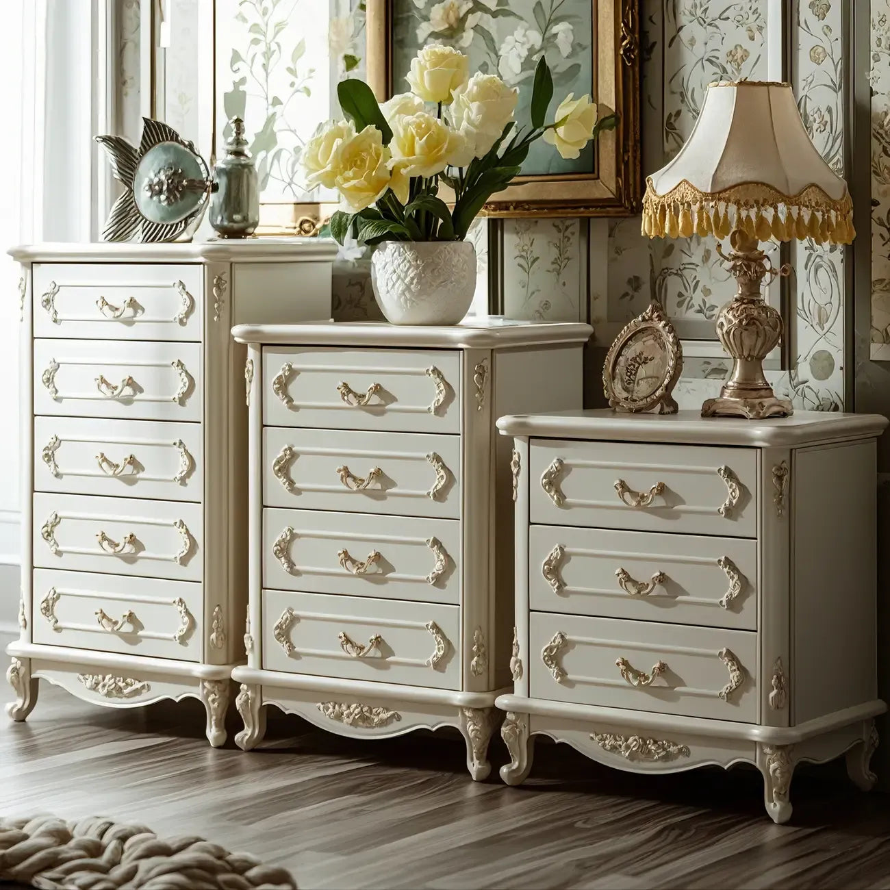 Commode nordique étroite en bois à 3 tiroirs