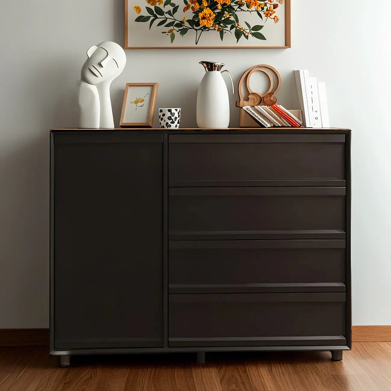 Commode industrielle en bois avec tiroirs et rail en métal lisse
