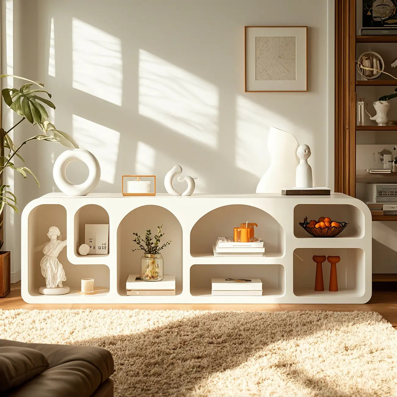 79 Mobile TV con vani a giorno in legno bianco stile minimalista