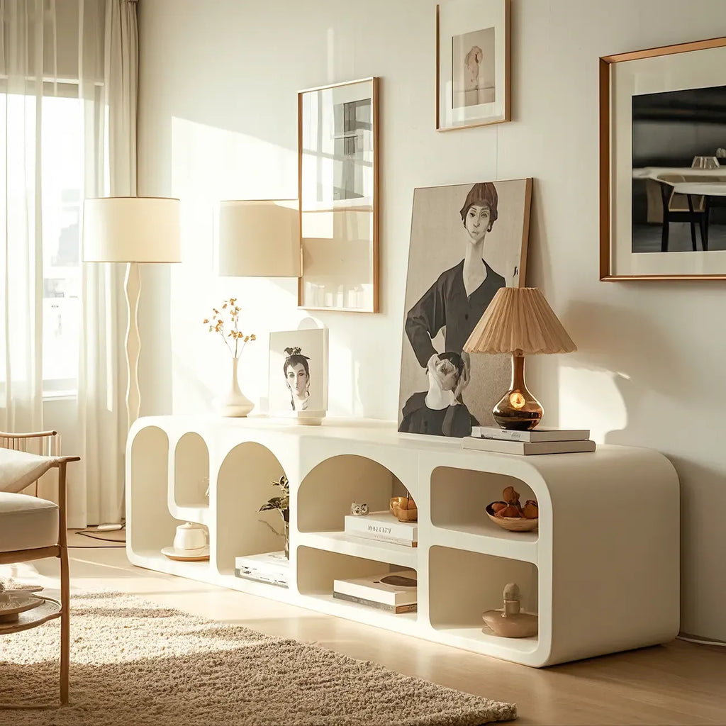 79 Mobile TV con vani a giorno in legno bianco stile minimalista