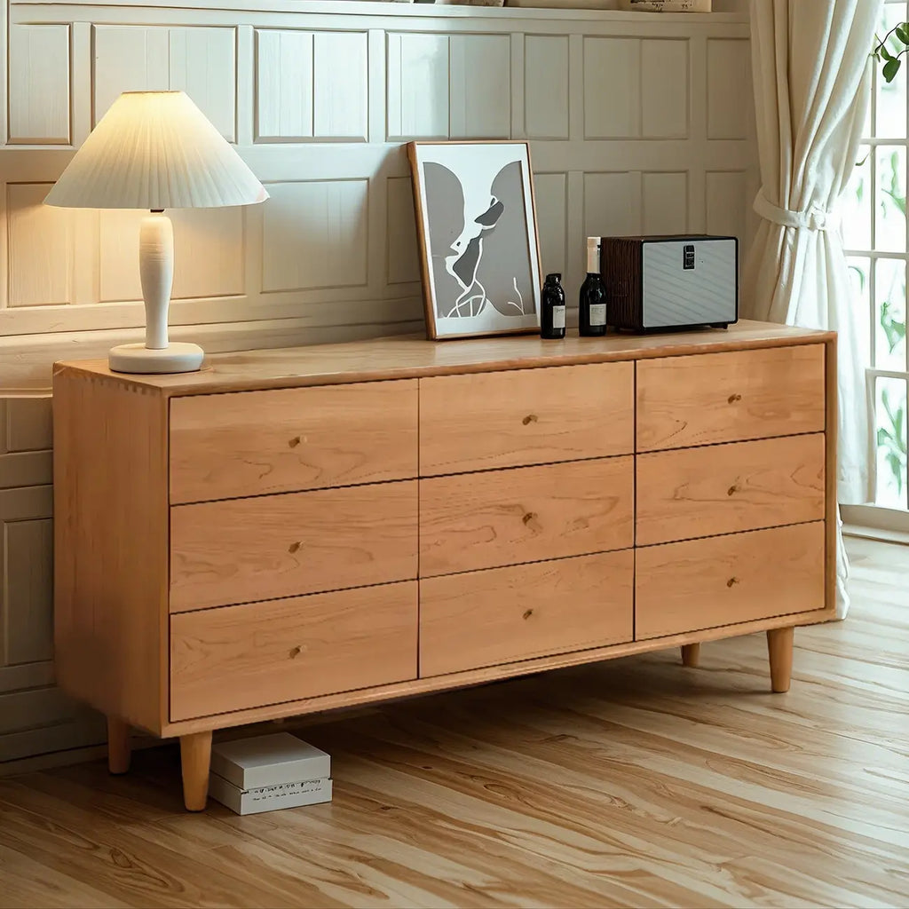 Commode double traditionnelle à 3 niveaux en bois naturel avec poignées dorées
