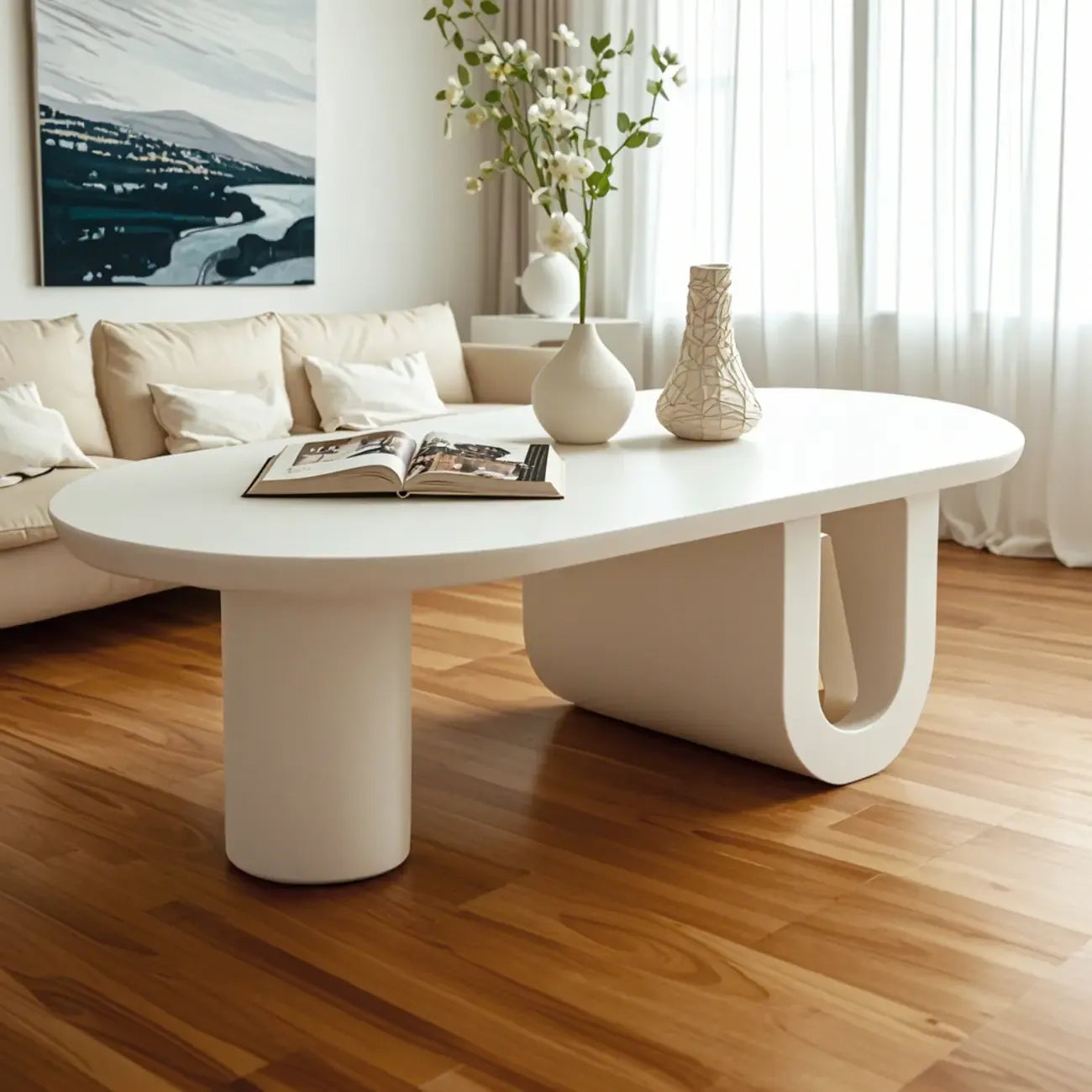 Table basse ovale blanche minimaliste avec rangement pour usage intérieur