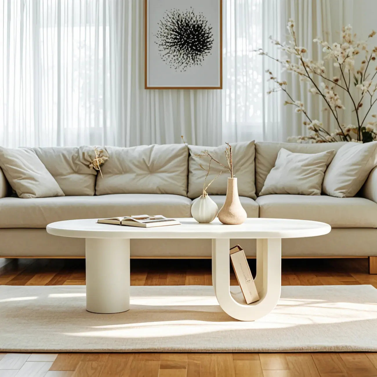 Table basse ovale blanche minimaliste avec rangement pour usage intérieur