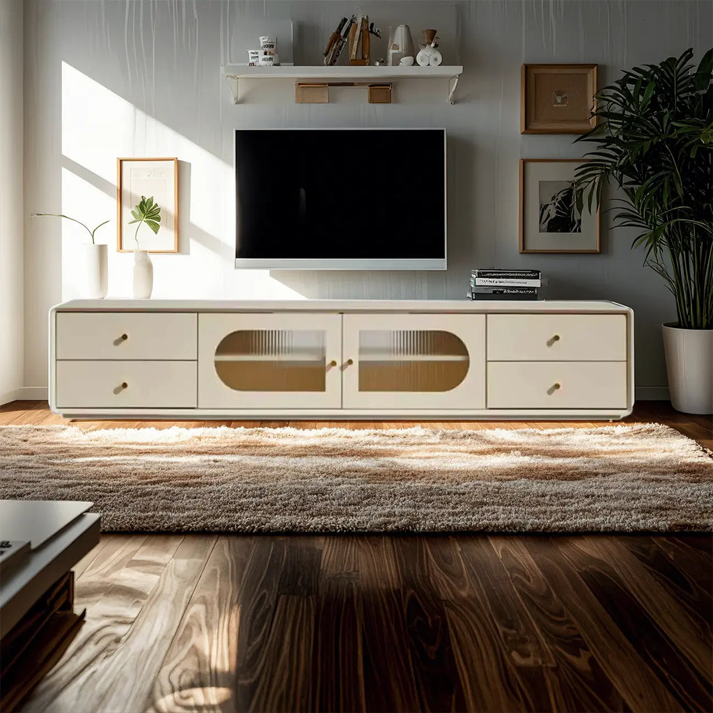 Meuble TV contemporain en pin blanc de 63 pouces avec 4 tiroirs