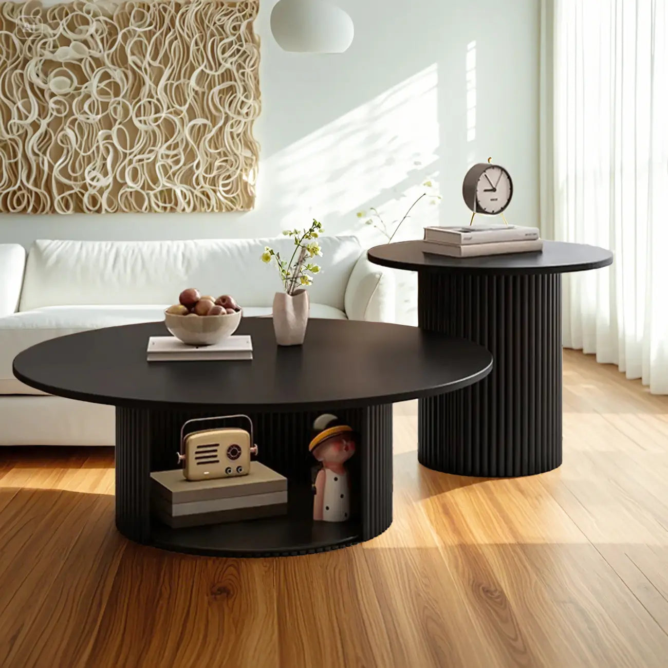Ensemble de table basse ronde moderne en bois noir pour usage intérieur
