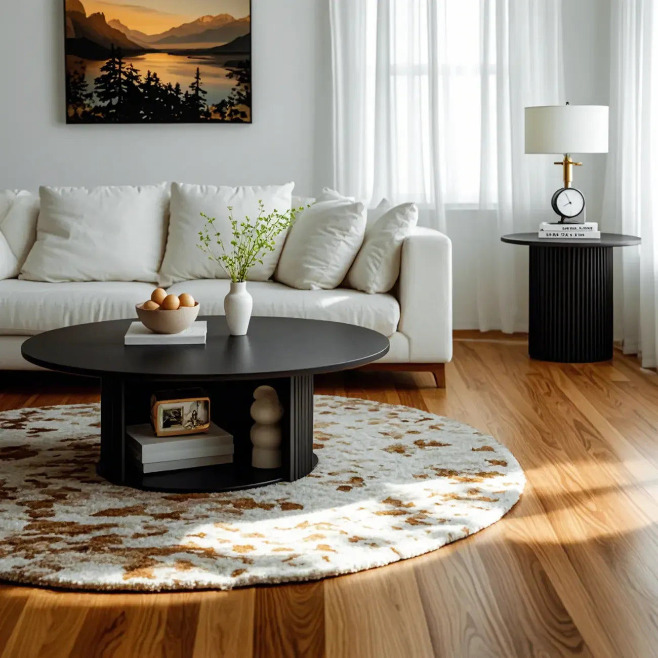 Ensemble de table basse ronde moderne en bois noir pour usage intérieur