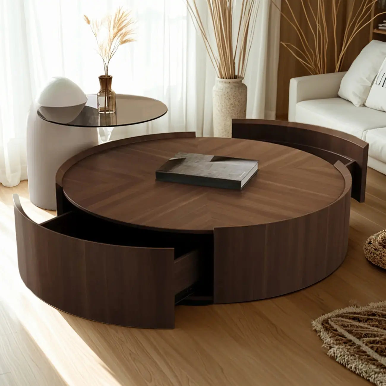 Table basse ronde en bois marron avec plateaux gigognes et 2 tiroirs