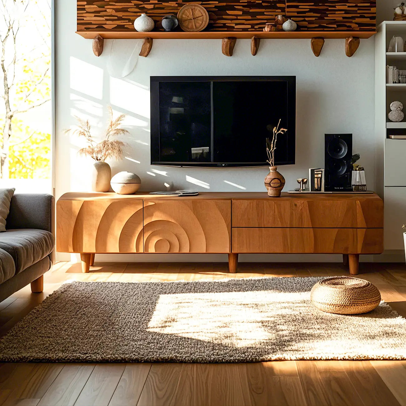 Mobile TV a 2 livelli con contenitore chiuso in legno di frassino nordico marrone