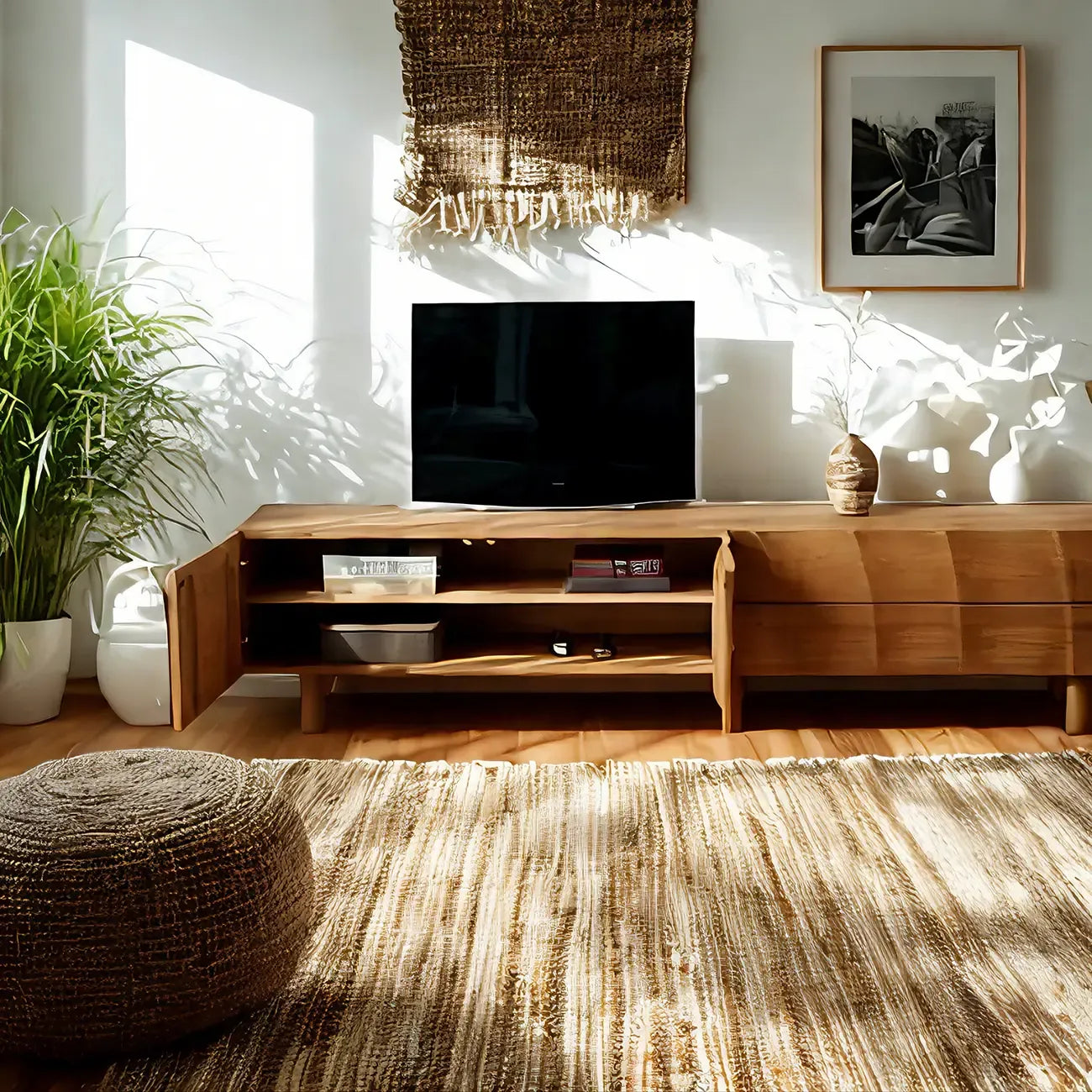 Mobile TV a 2 livelli con contenitore chiuso in legno di frassino nordico marrone