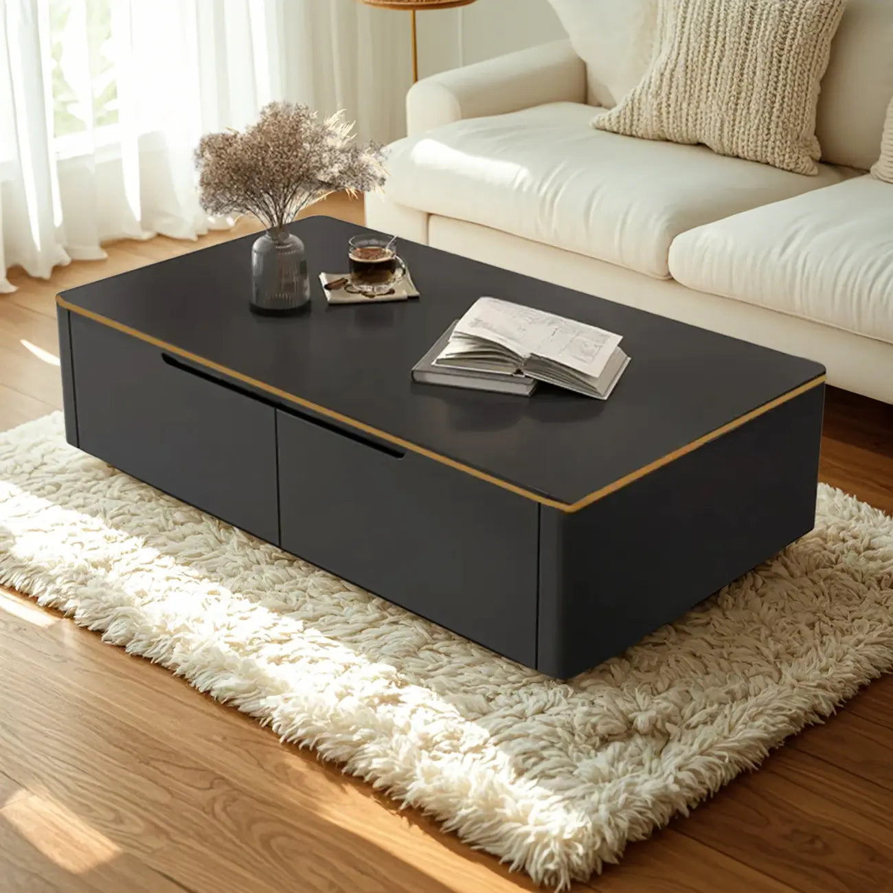 Table basse minimaliste noire à un niveau avec 4 tiroirs