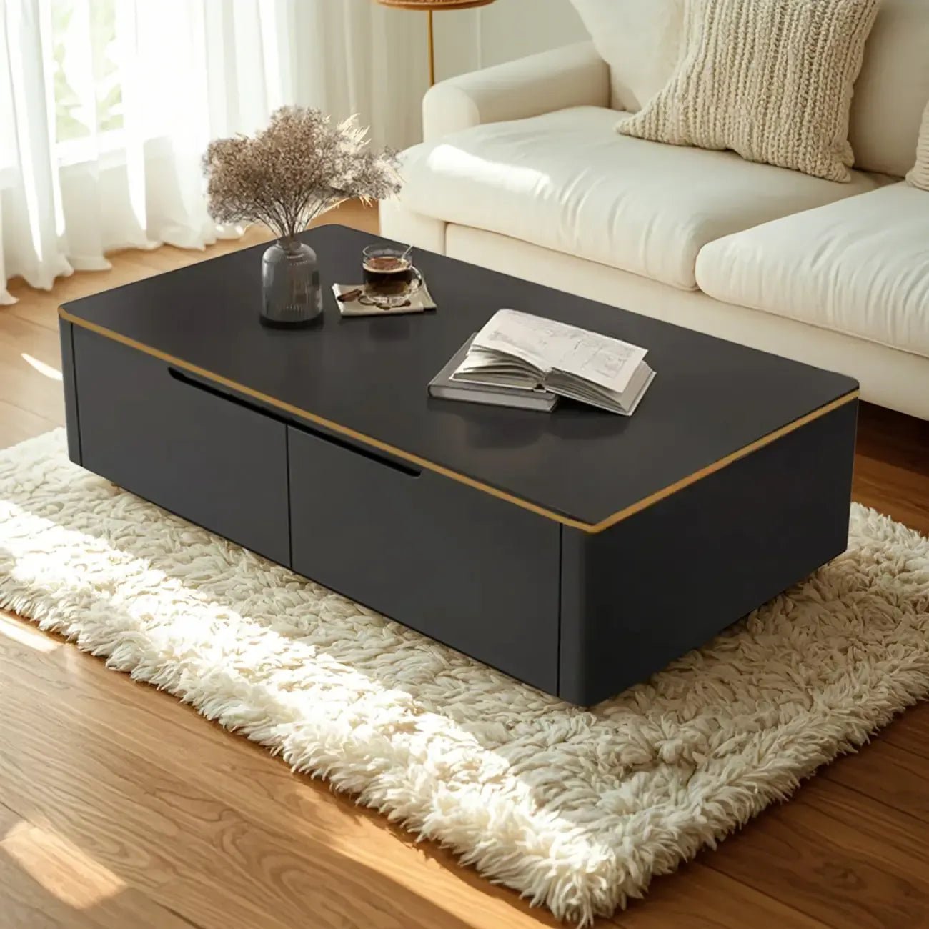 Table basse minimaliste noire à un niveau avec 4 tiroirs