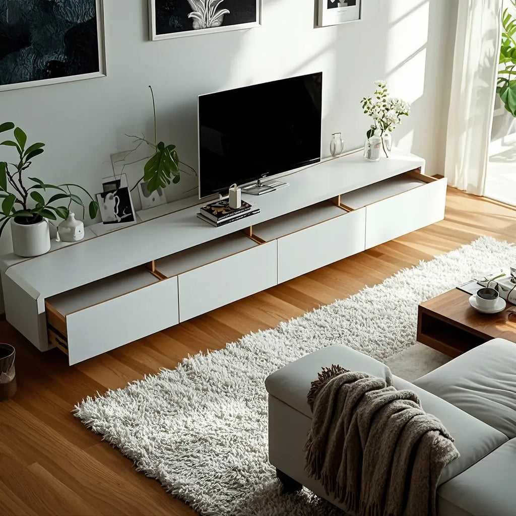 Meuble TV minimaliste en bois blanc avec gestion des câbles