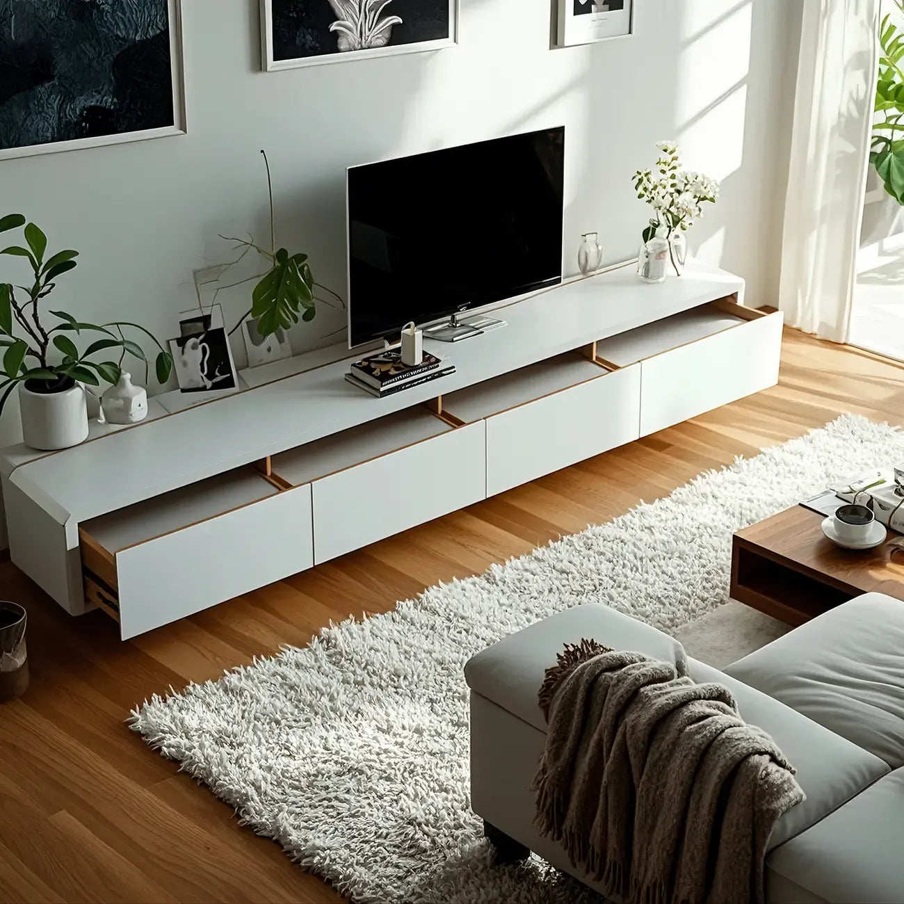 Meuble TV minimaliste en bois blanc avec gestion des câbles
