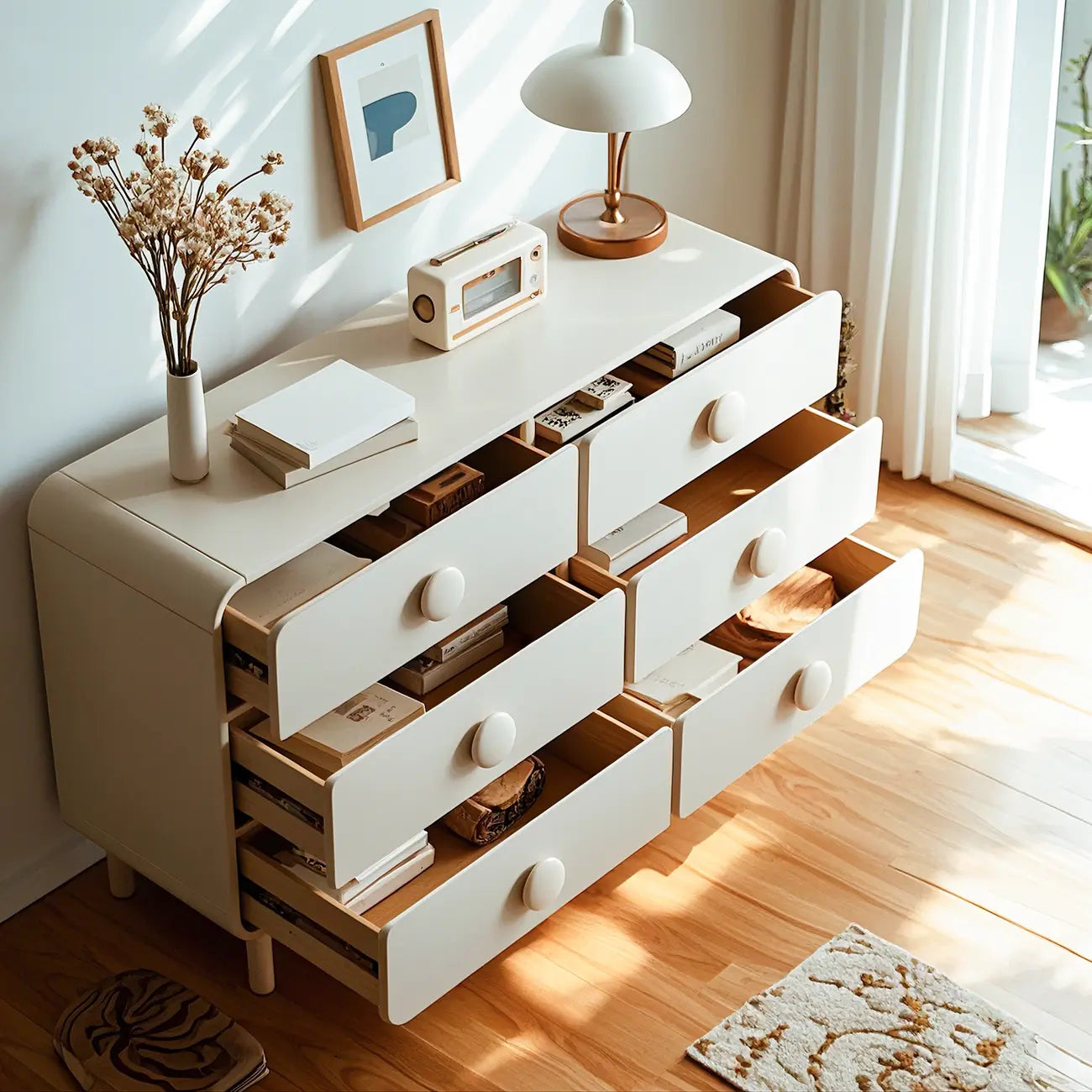 Commode et chiffonniers minimalistes en bois blanc à 6 tiroirs