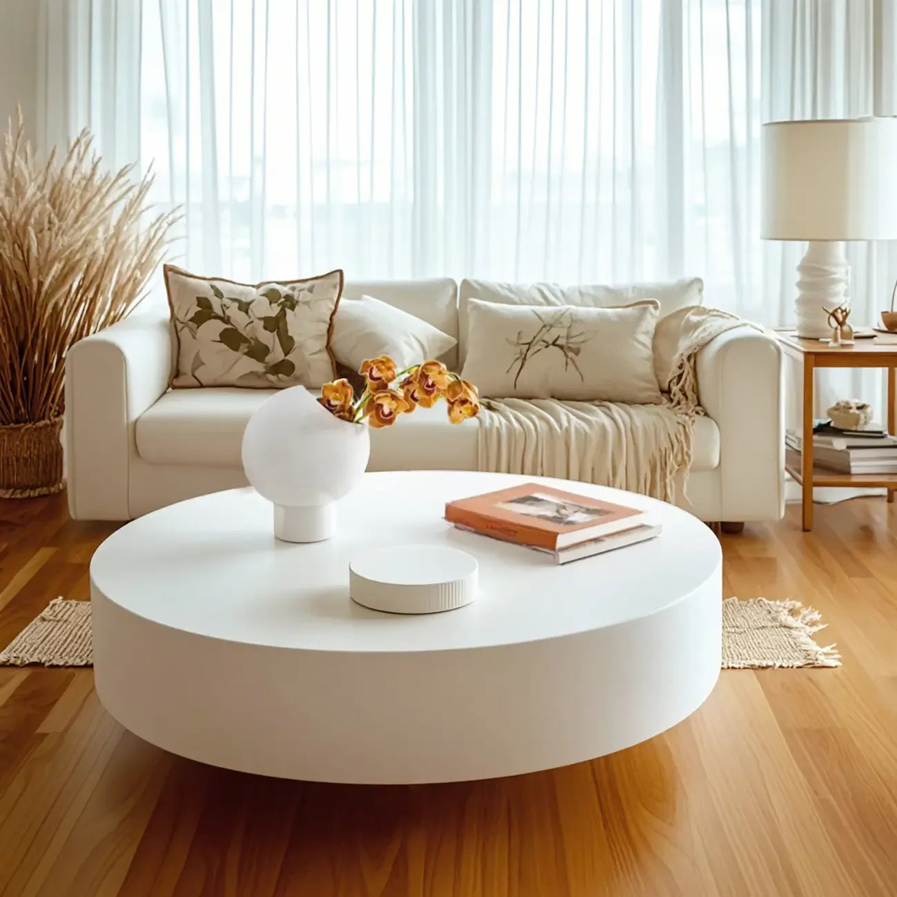 Table basse ronde moderne en fibre de verre blanche pour salon