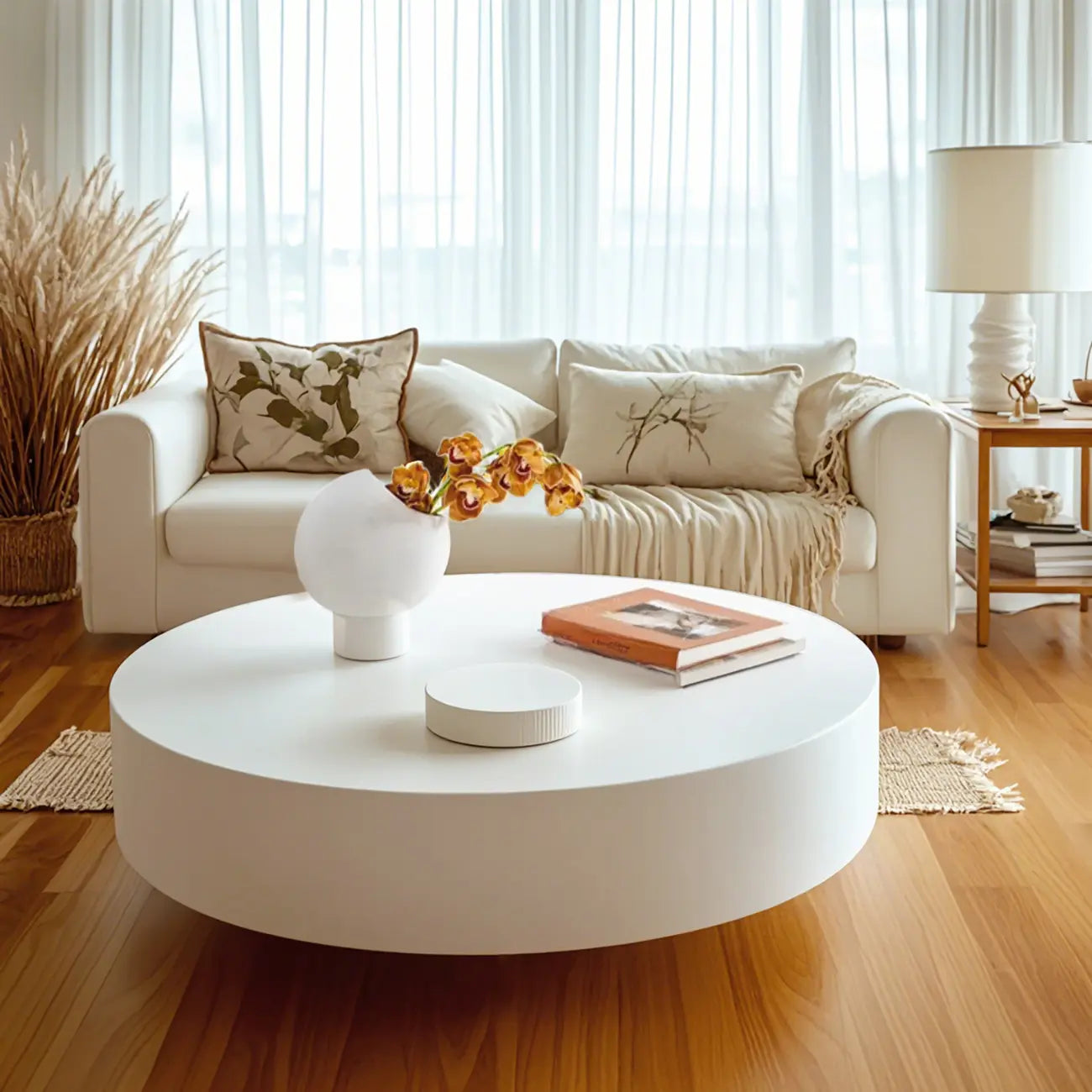 Table basse ronde moderne en fibre de verre blanche pour salon