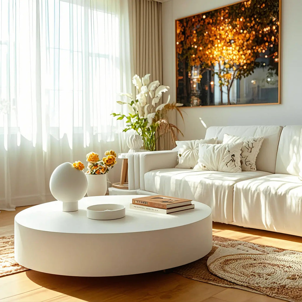Table basse ronde moderne en fibre de verre blanche pour salon