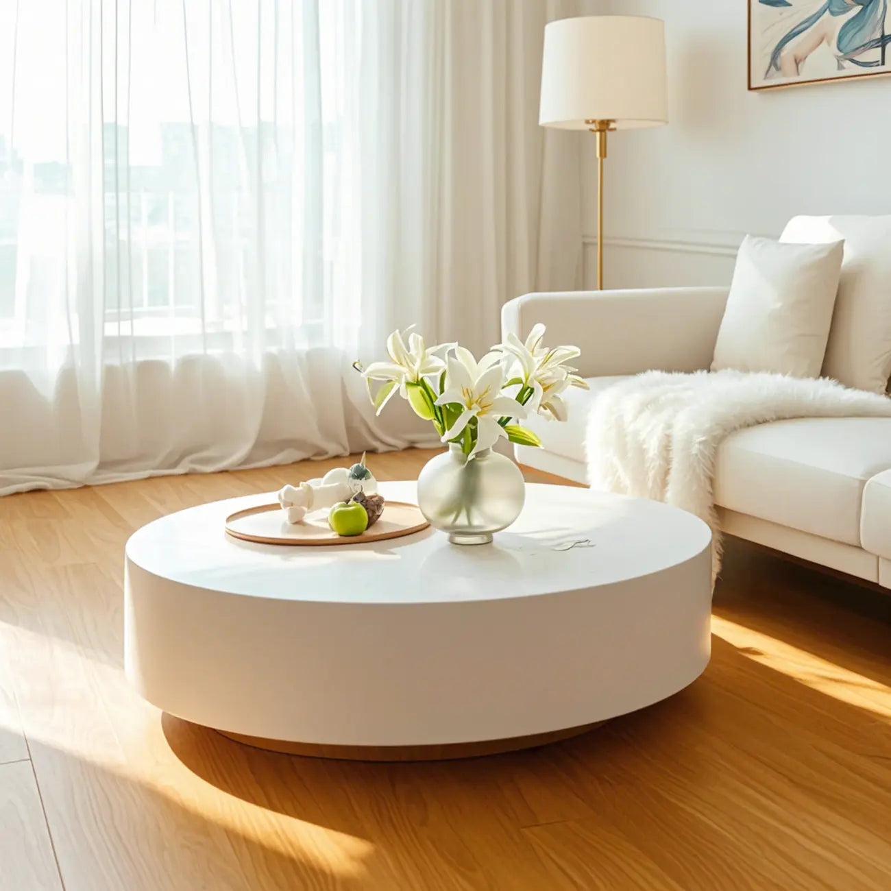 Table basse ronde moderne en fibre de verre blanche pour salon
