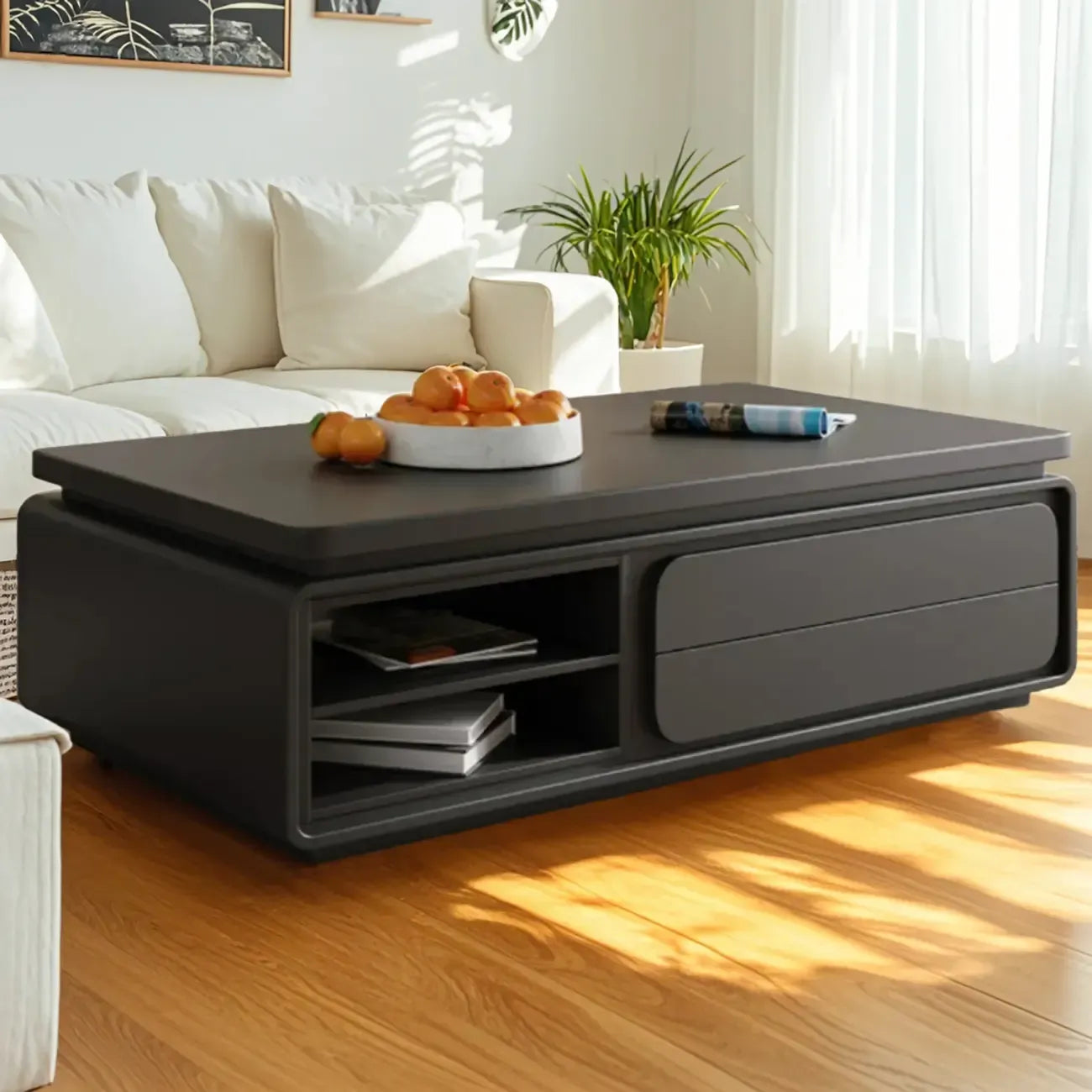 Table basse rectangulaire moderne en bois noir avec tiroirs