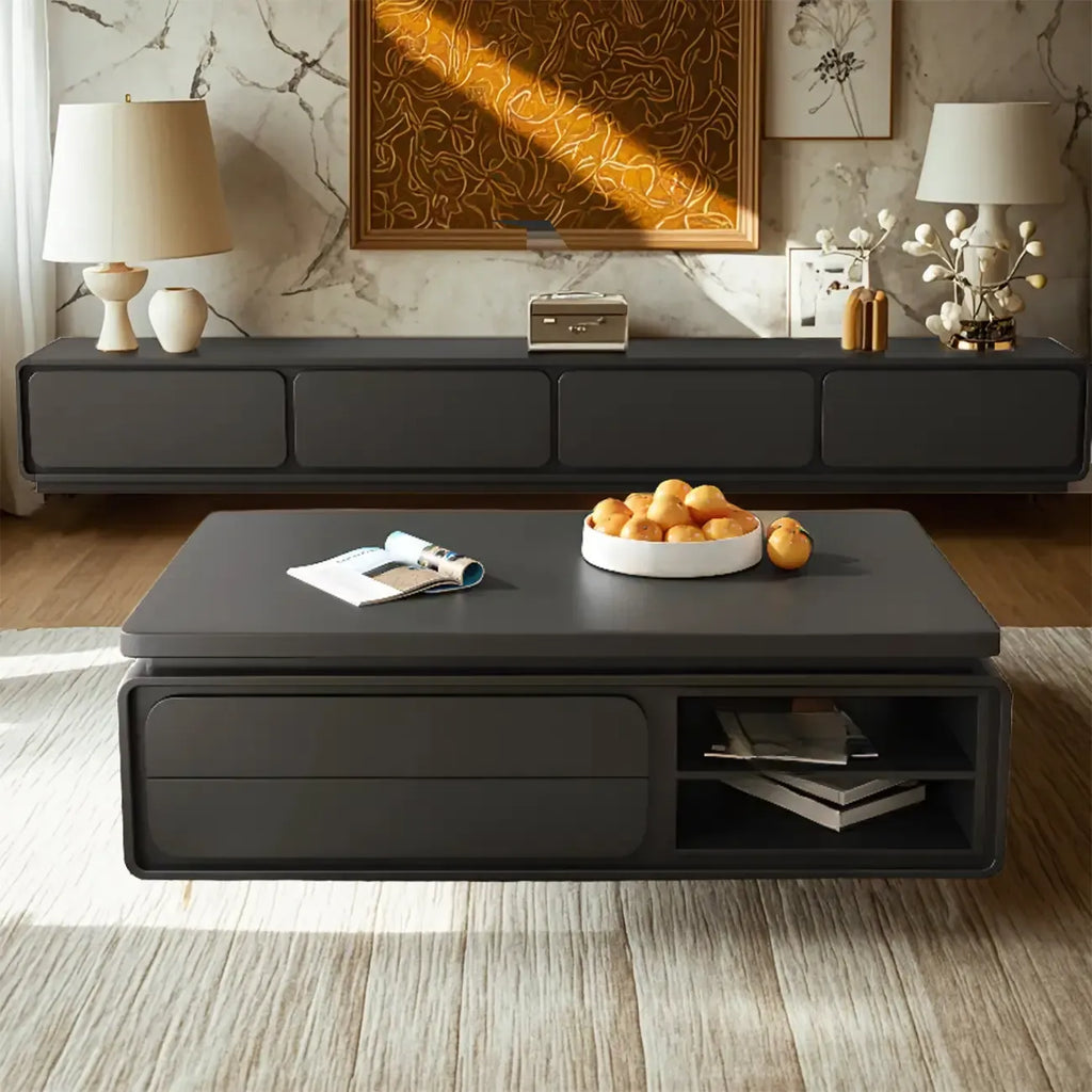 Table basse rectangulaire moderne en bois noir avec tiroirs